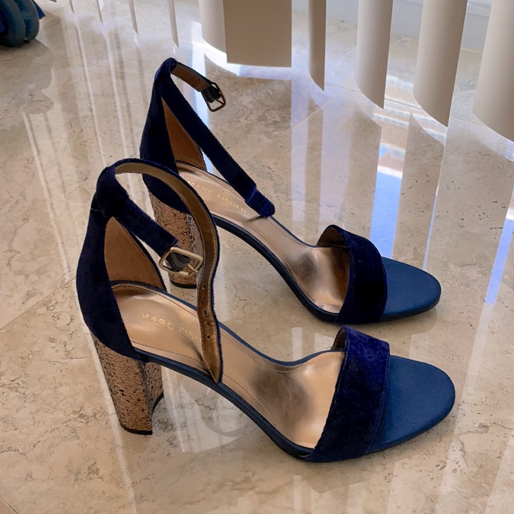 Marc Fisher blue velvet heeled sandals.